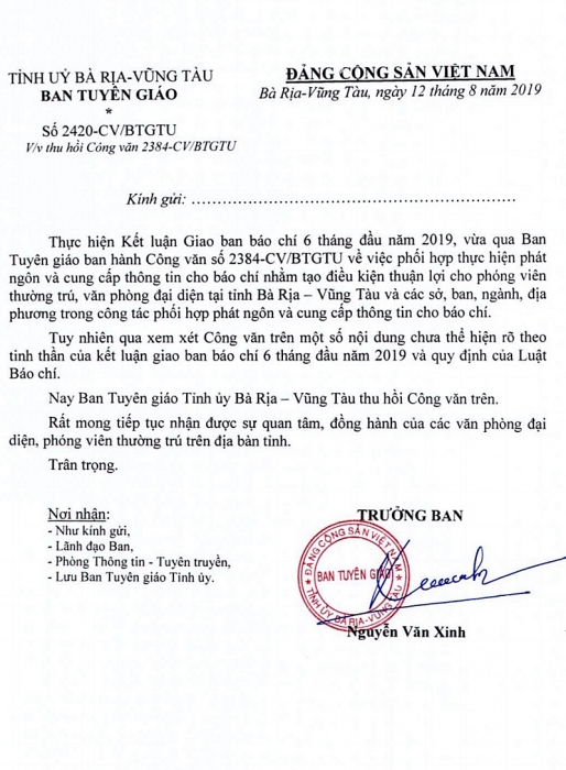 ba ria vung tau thu hoi cong van quy dinh ve phat ngon bao chi