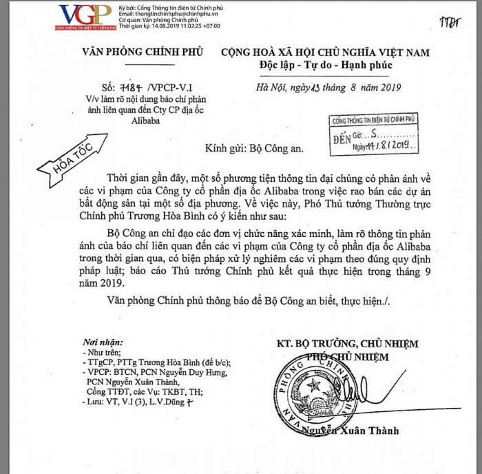 pho thu tuong yeu cau lam ro noi dung bao chi phan anh lien quan den cong ty dia oc alibaba