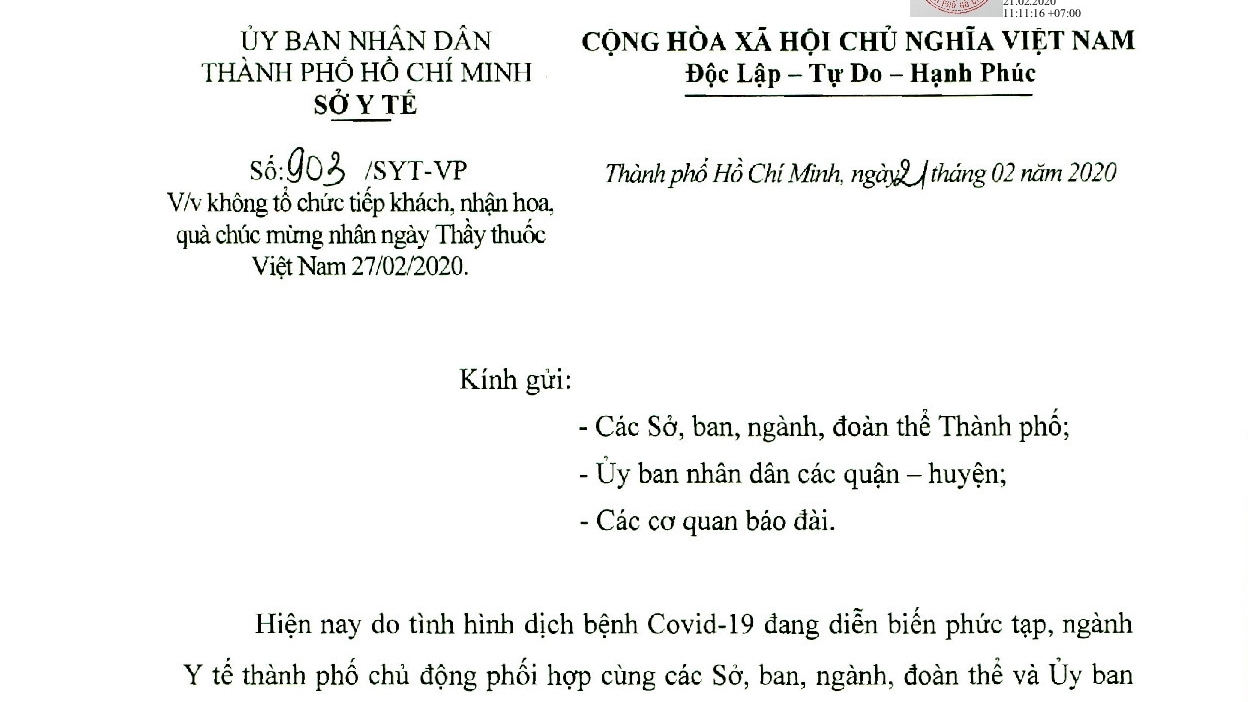 Dịch Covid-19: Sở Y tế TP Hồ Chí Minh không tiếp khách ngày Thầy thuốc Việt Nam