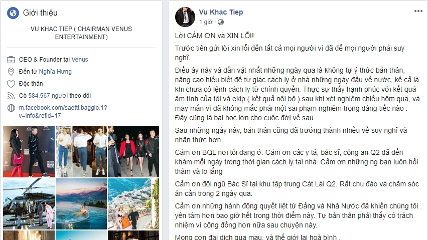 Vũ Khắc Tiệp xin lỗi vì làm loạn khi cách ly Covid-19, tạm dừng dùng Facebook
