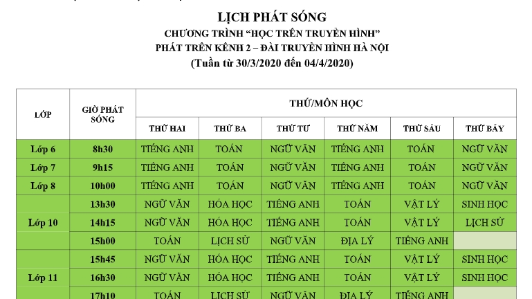 Hà Nội: Lịch phát sóng học trên truyền hình từ ngày 30/3-4/4
