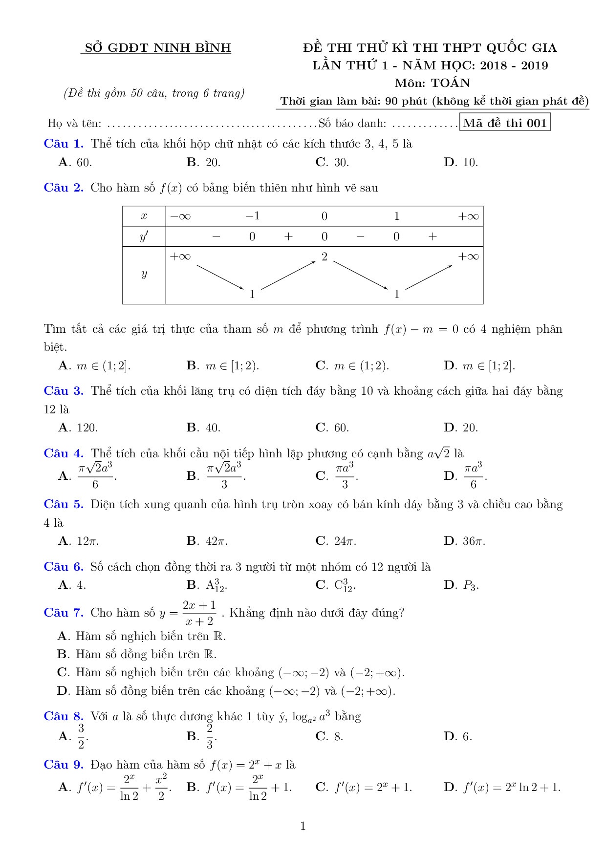 de thi thu thpt quoc gia 2019 mon toan lan 1 so gddt ninh binh co dap an