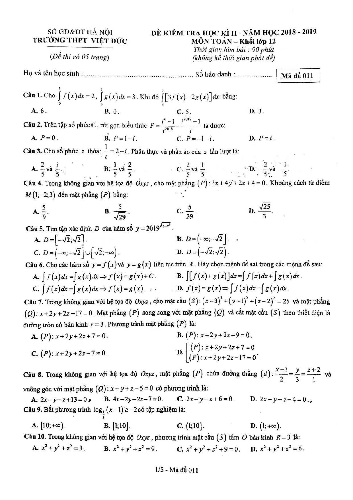 de thi hoc ki 2 mon toan lop 12 nam 2019 truong thpt viet duc ha noi