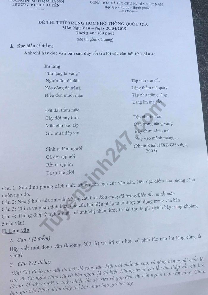 Đề thi thử THPT quốc gia 2019 môn Ngữ văn có đáp án THPT chuyên ĐH Sư phạm de thi thu thpt quoc gia 2019 mon ngu van co dap an thpt chuyen dh su pham