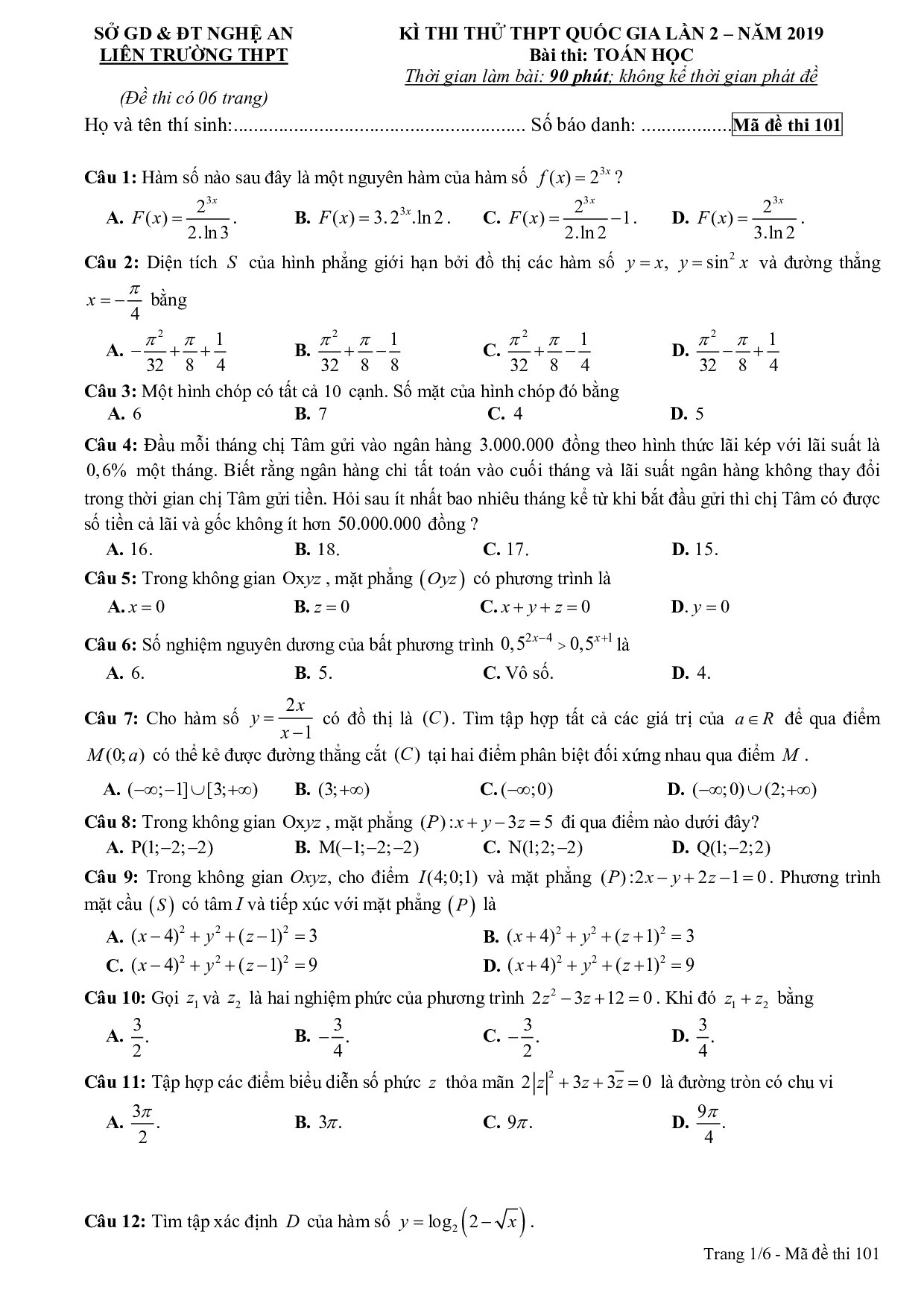 de thi thu thpt quoc gia 2019 mon toan co dap an lien truong thpt nghe an