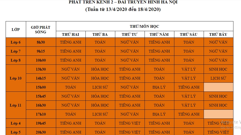 Hà Nội: Lịch phát sóng học trên truyền hình từ 13/4 – 18/4