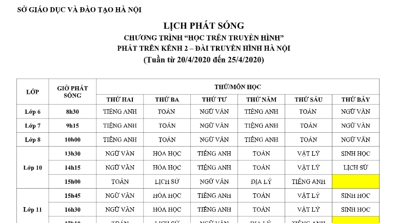 Hà Nội: Lịch phát sóng học trên truyền hình từ ngày 20 – 25/4