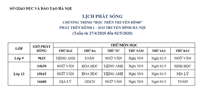 ha noi lich phat song hoc tren truyen hinh tu ngay 274 den 25