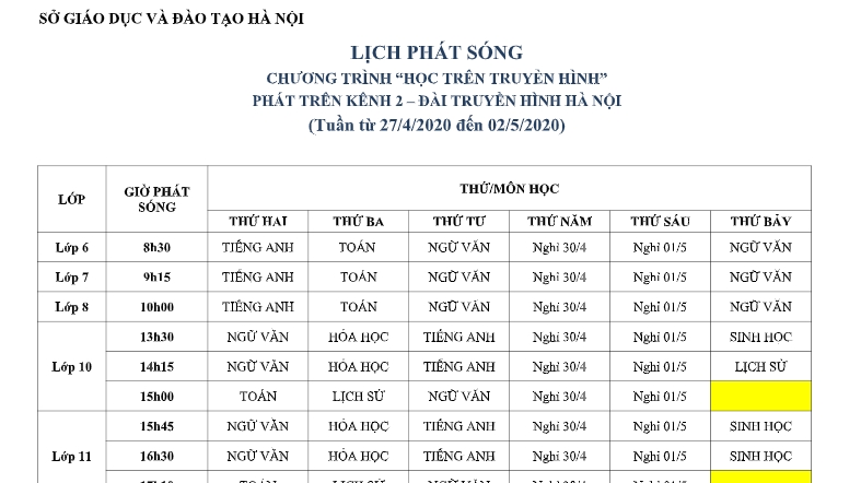 Hà Nội: Lịch phát sóng học trên truyền hình từ ngày 27/4 đến 2/5