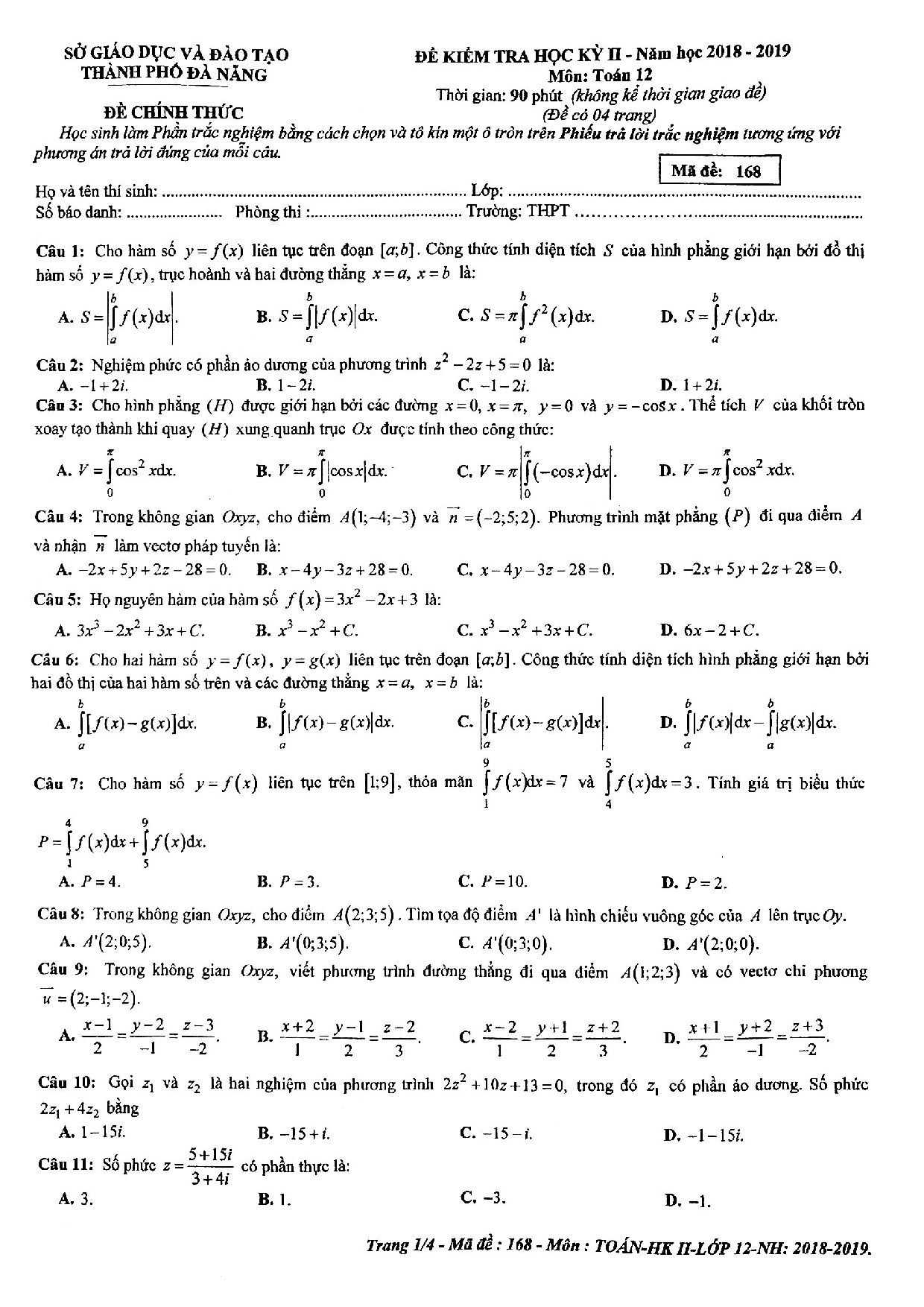 de thi hoc ki 2 mon toan lop 12 nam 2019 so gddt da nang