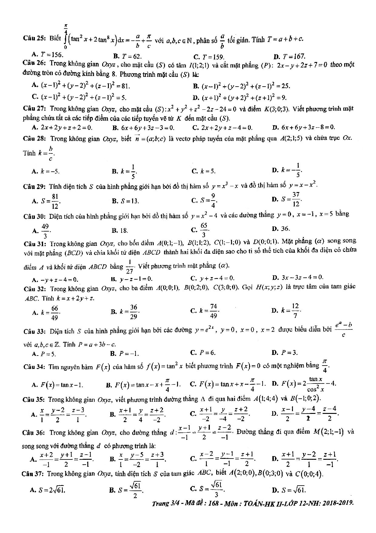 de thi hoc ki 2 mon toan lop 12 nam 2019 so gddt da nang