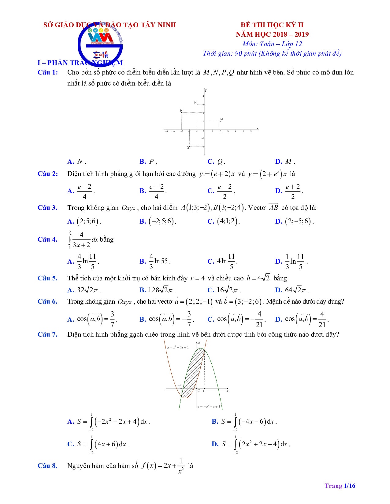 de thi hoc ki 2 mon toan lop 12 nam 2019 so gddt tay ninh co dap an
