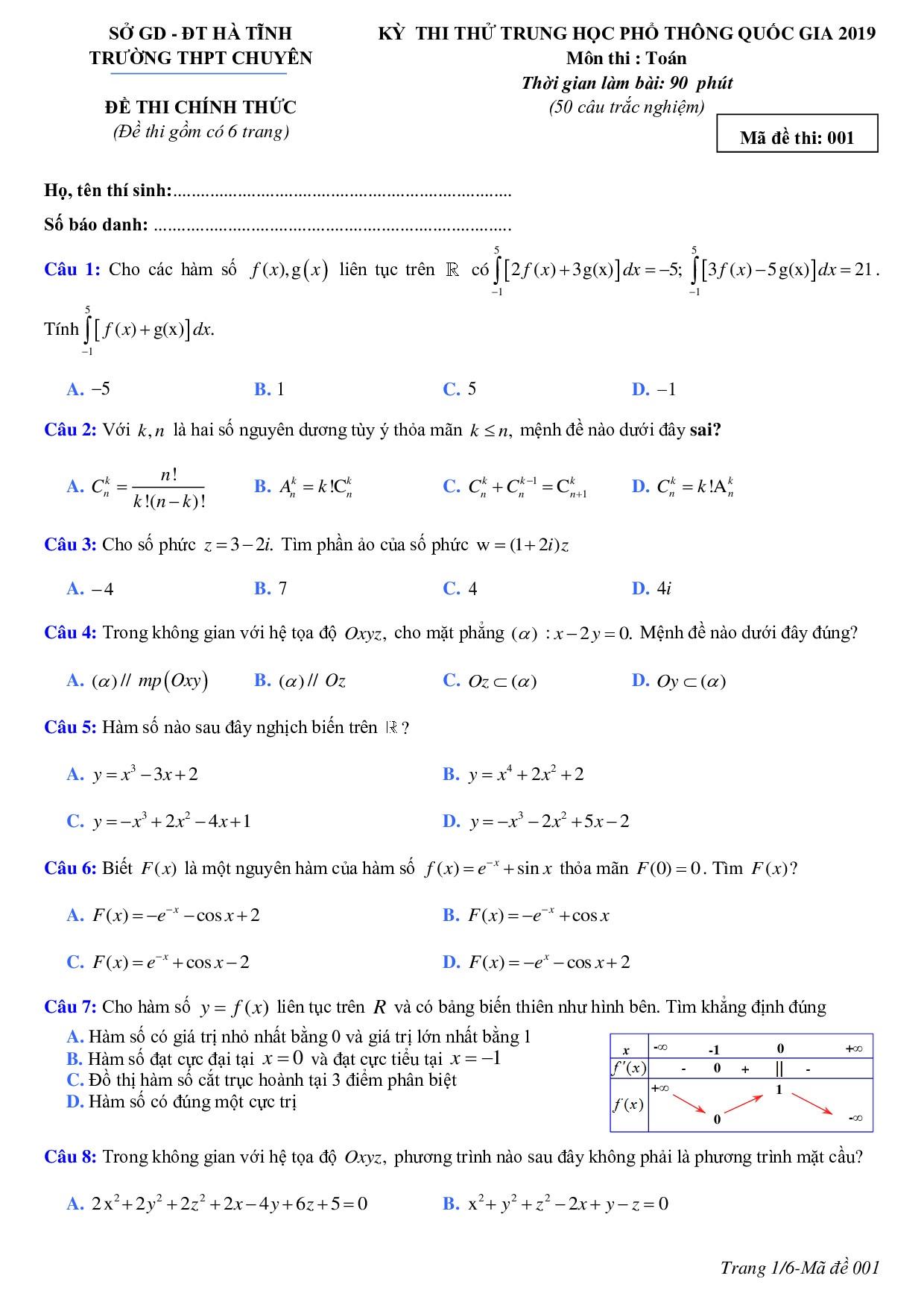 dap an chi tiet de thi thu thpt quoc gia 2019 mon toan thpt chuyen ha tinh