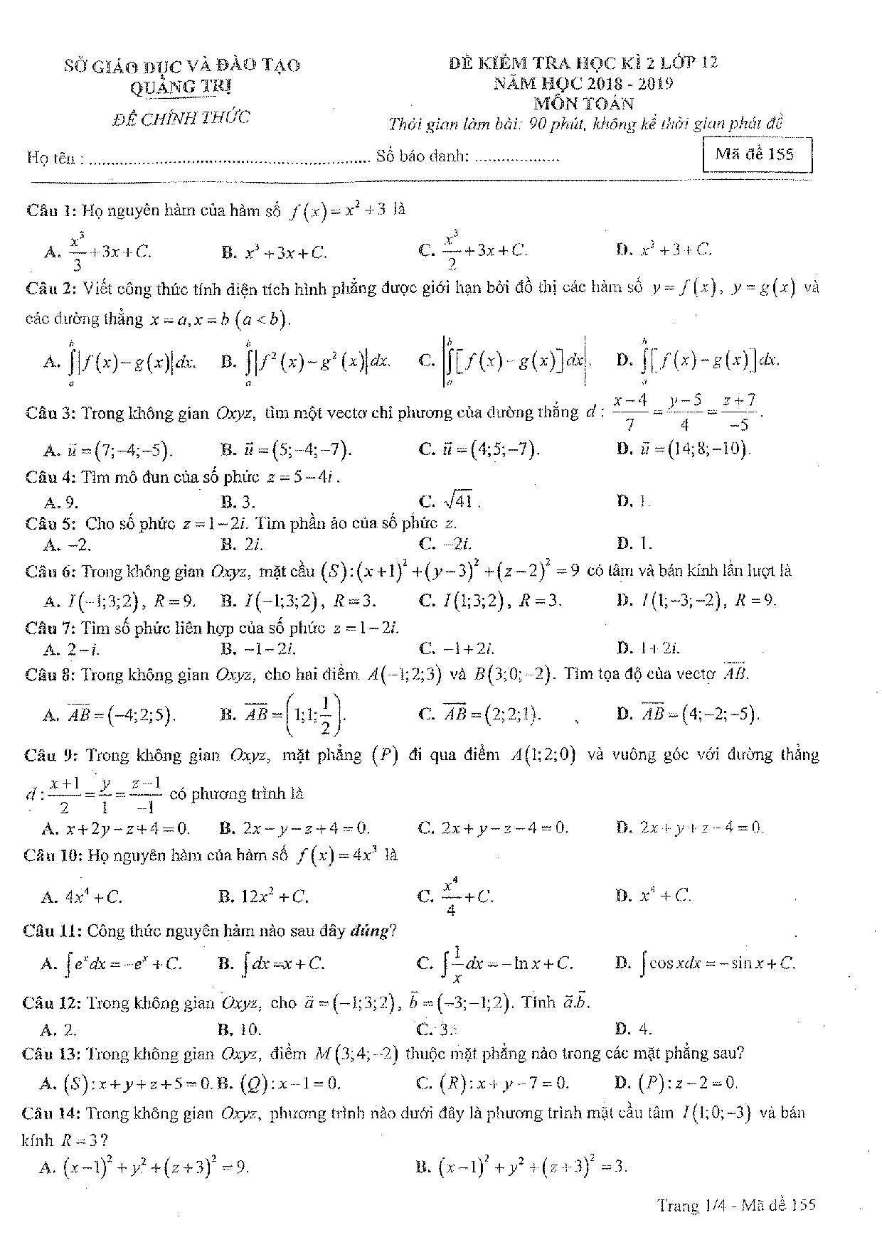 de thi hoc ki 2 mon toan lop 12 nam 2019 so gddt quang tri co dap an