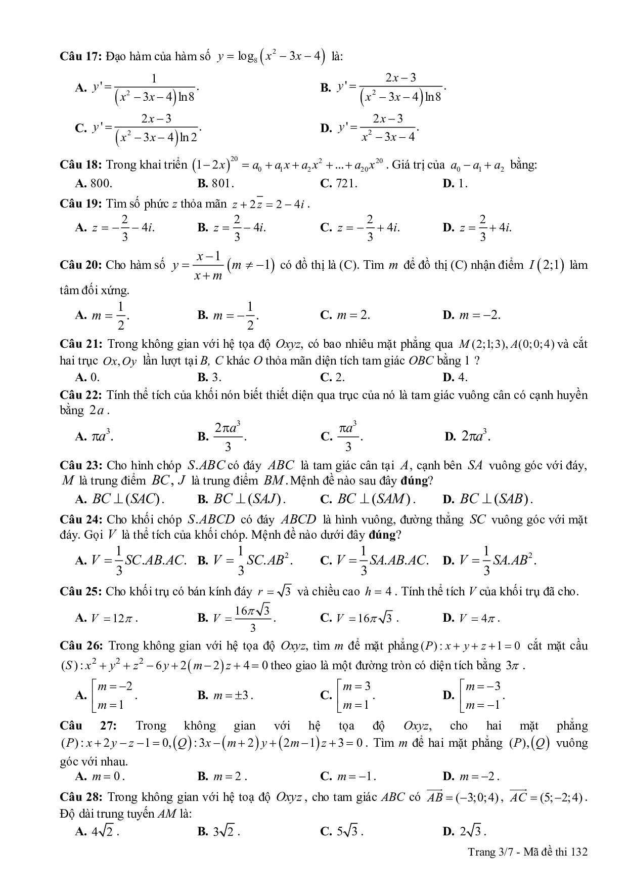 Đáp án đề thi thử THPT quốc gia 2019 môn Toán THPT chuyên Thái Bình dap an de thi thu thpt quoc gia 2019 mon toan thpt chuyen thai binh
