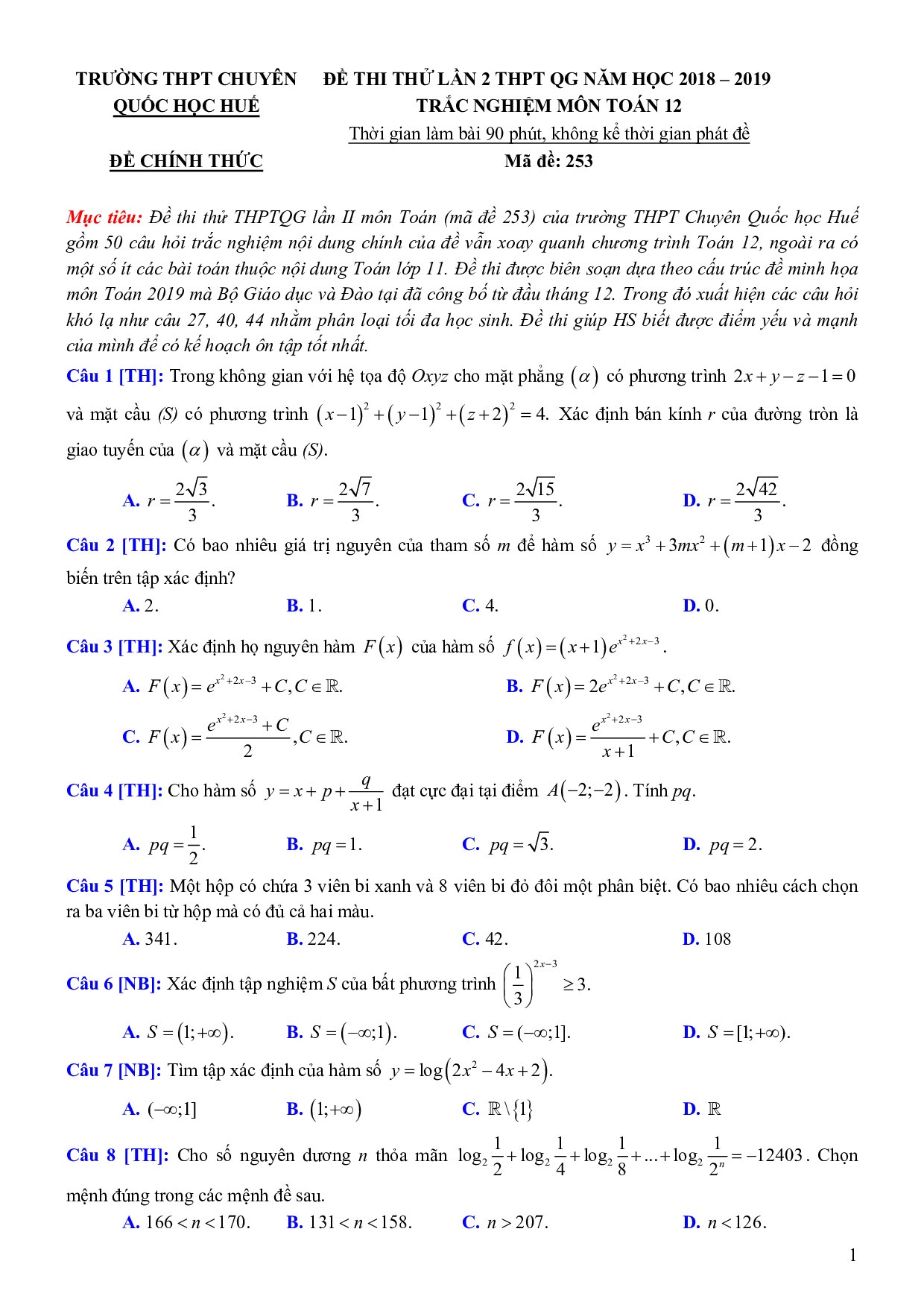 giai chi tiet de thi thu thpt quoc gia 2019 mon toan thpt chuyen quoc hoc hue