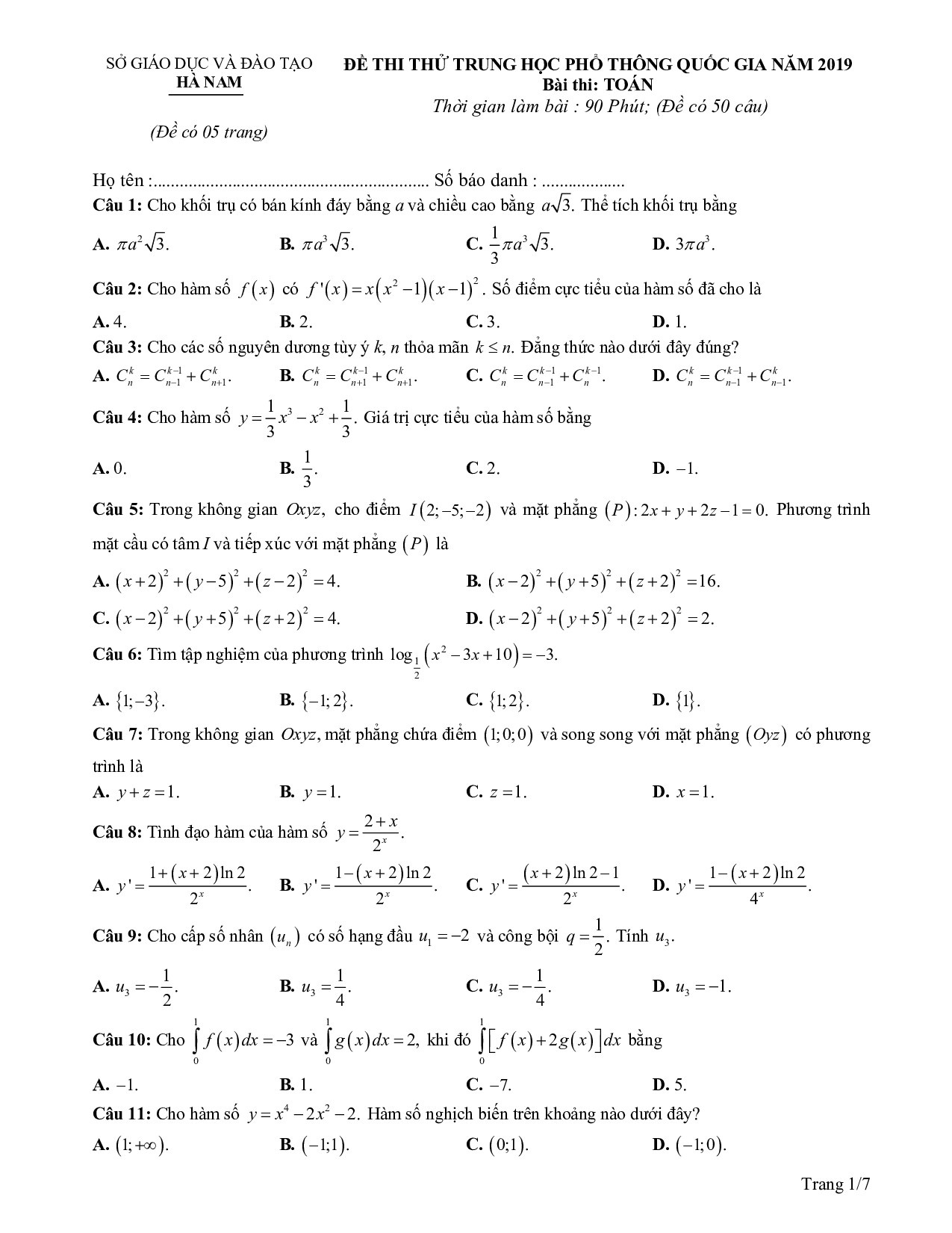 dap an de thi thu thpt quoc gia 2019 mon toan so gddt ha nam