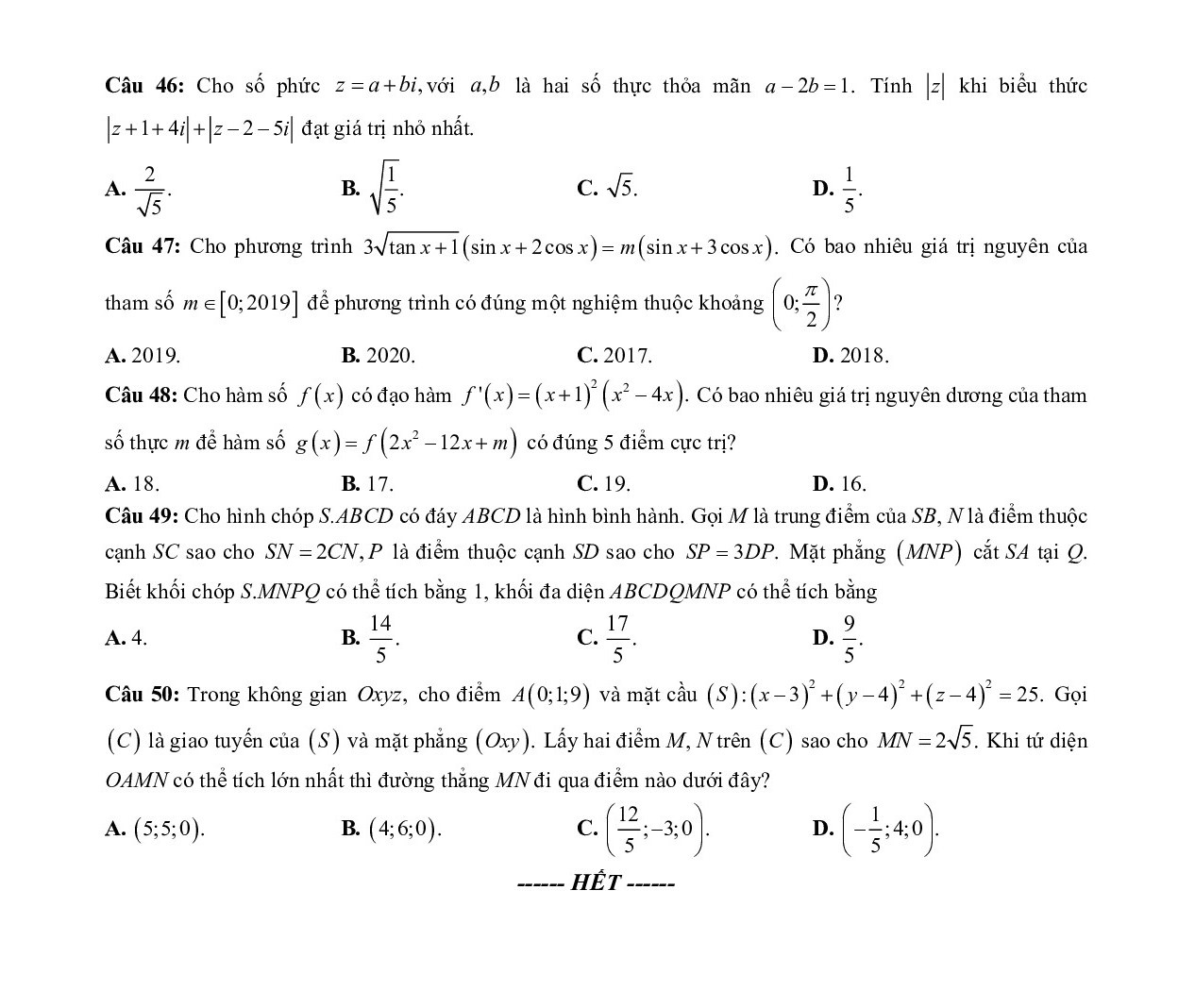 dap an de thi thu thpt quoc gia 2019 mon toan so gddt ha nam