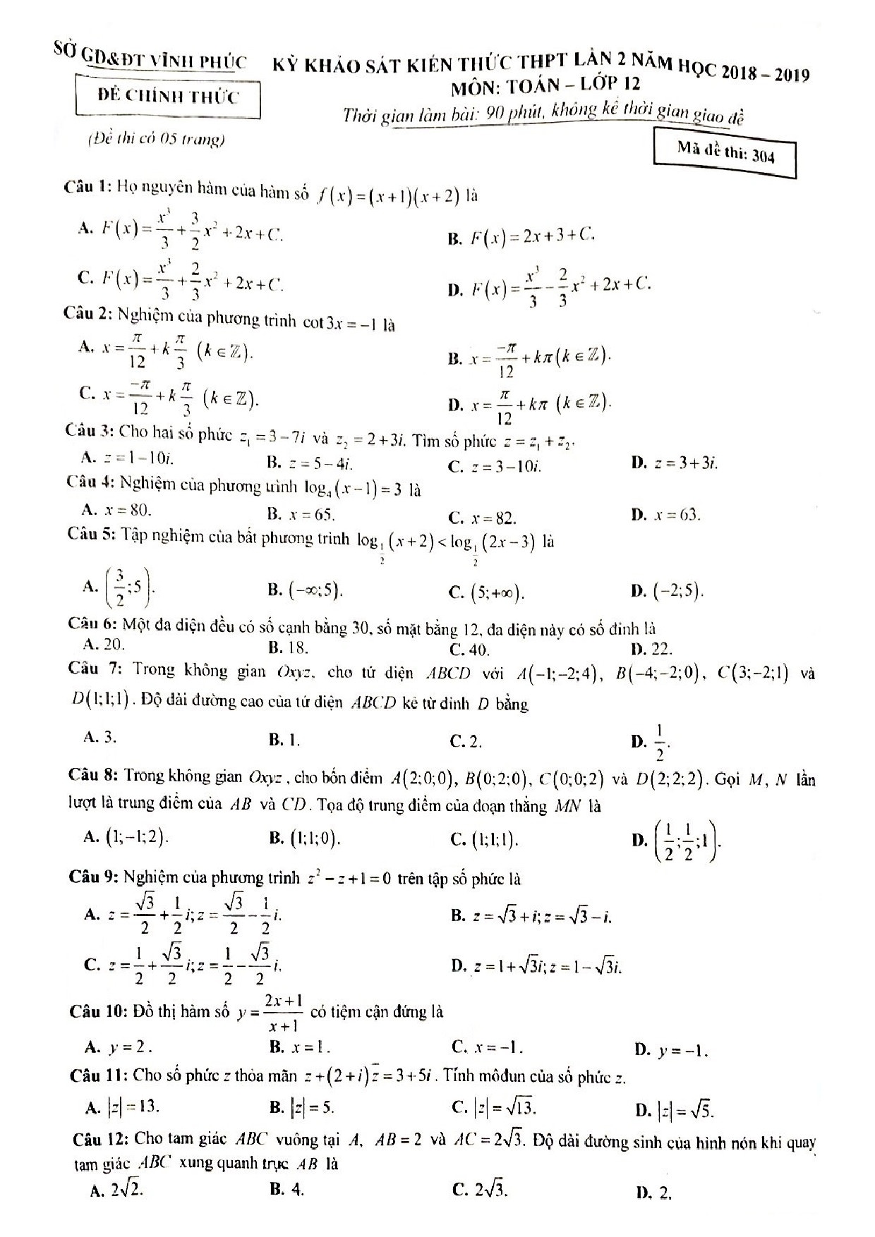 Đề thi thử THPT quốc gia môn Toán Sở GD&ĐT Vĩnh Phúc de thi thu thpt quoc gia mon toan so gddt vinh phuc
