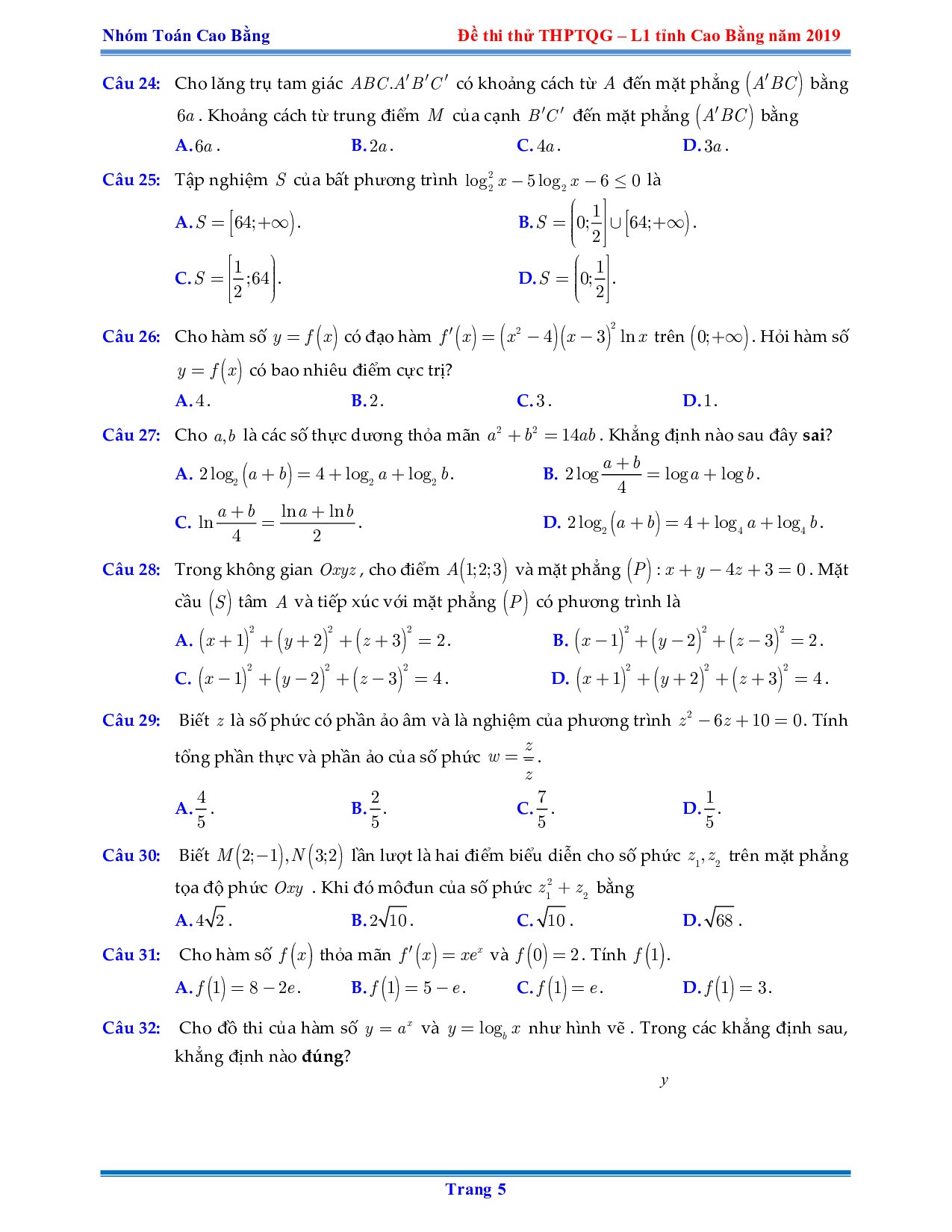 dap an de thi thu thpt quoc gia 2019 mon toan so gddt cao bang
