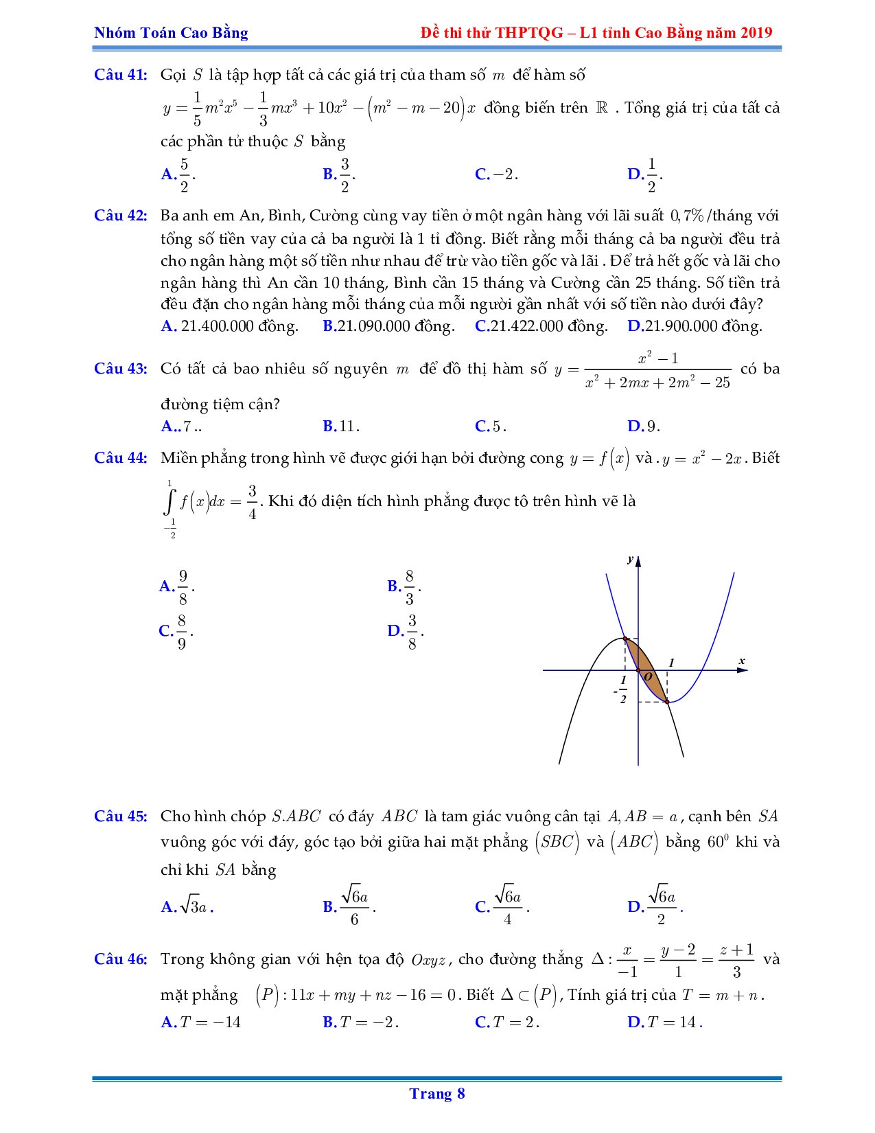 dap an de thi thu thpt quoc gia 2019 mon toan so gddt cao bang