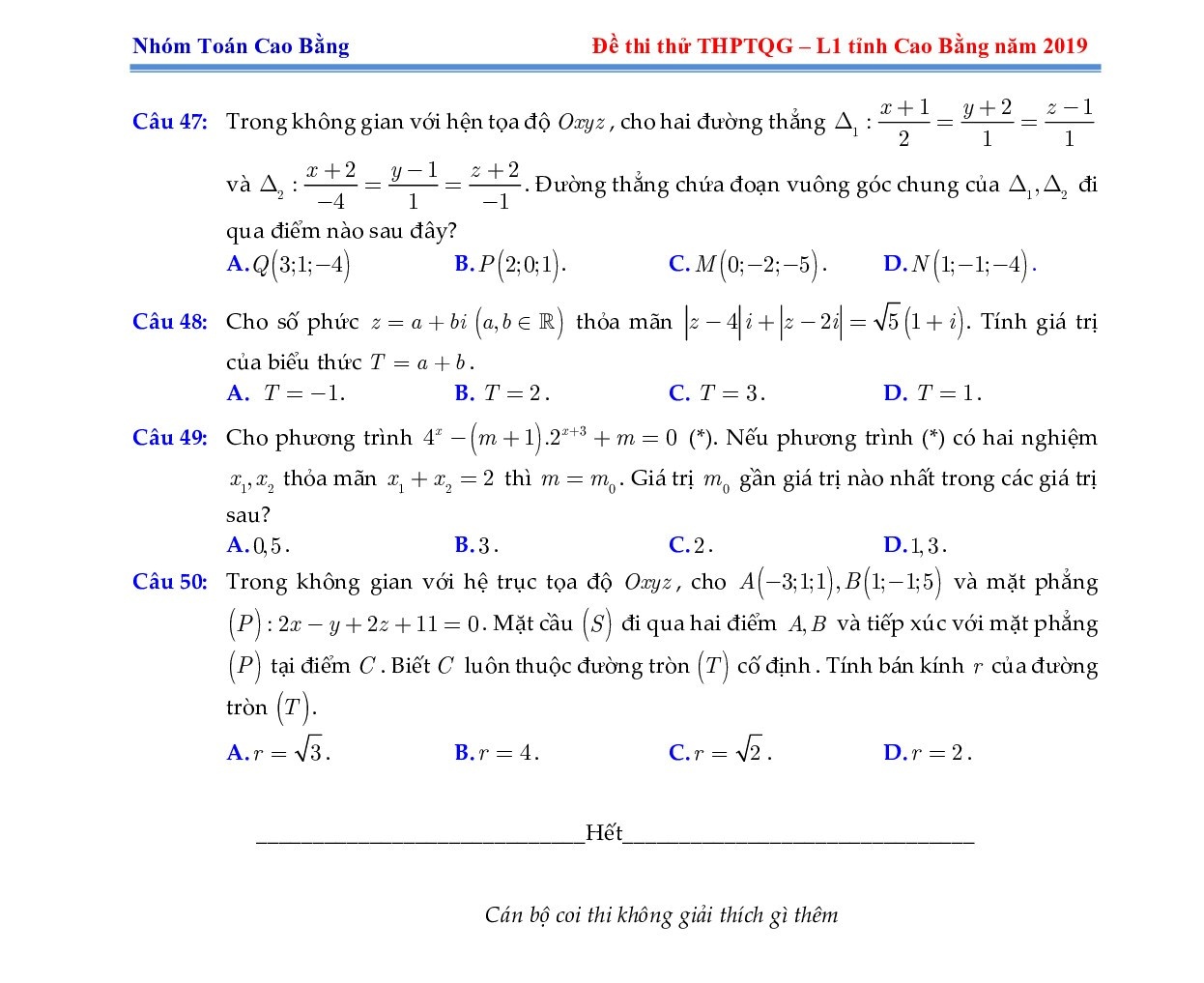 dap an de thi thu thpt quoc gia 2019 mon toan so gddt cao bang