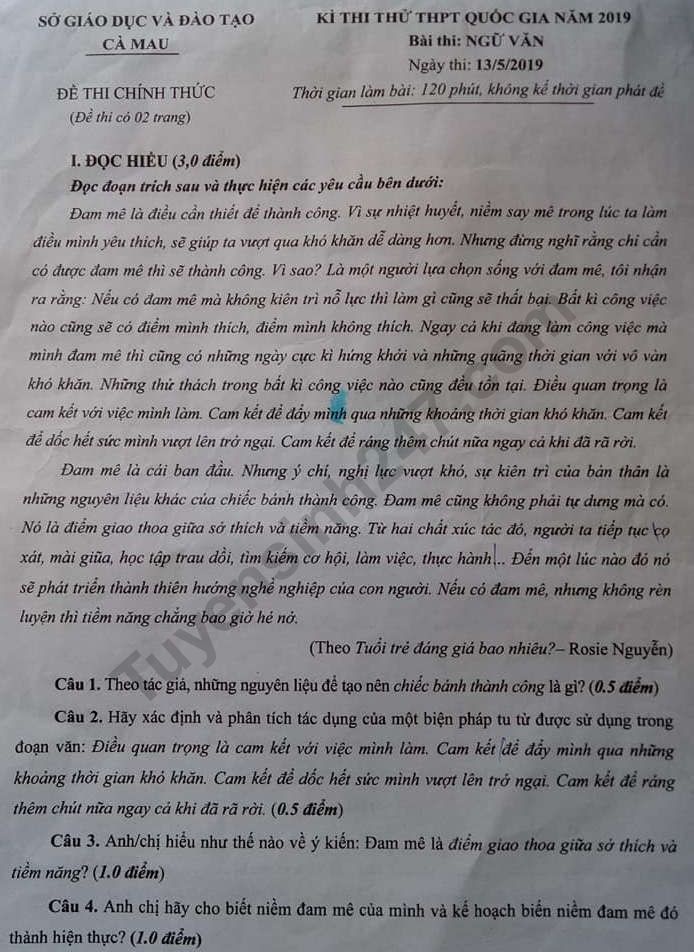 de thi thu thpt quoc gia 2019 mon van so gddt ca mau