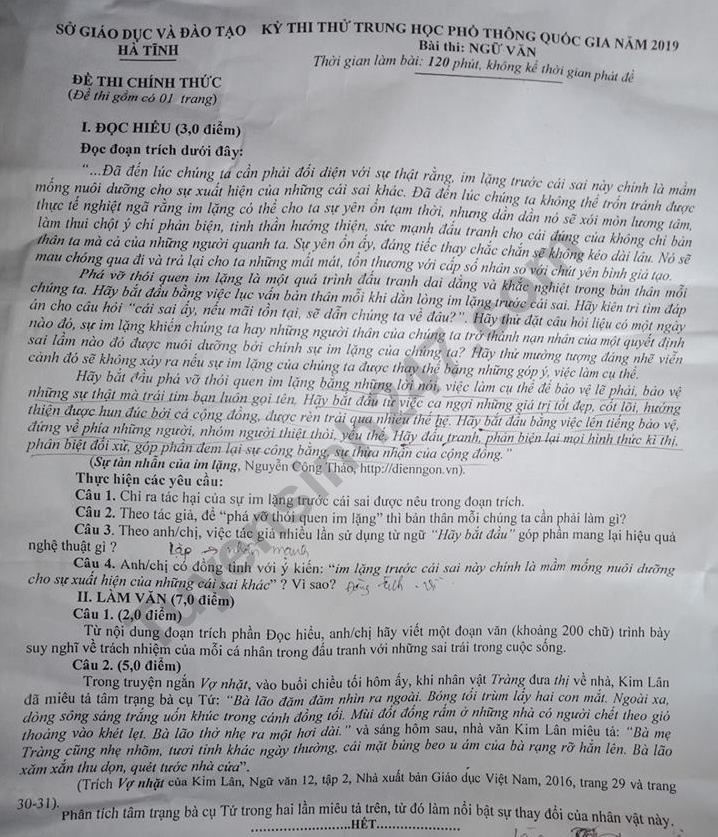 Đề thi thử THPT quốc gia 2019 môn Văn Sở GD&ĐT Hà Tĩnh de thi thu thpt quoc gia 2019 mon van so gddt ha tinh