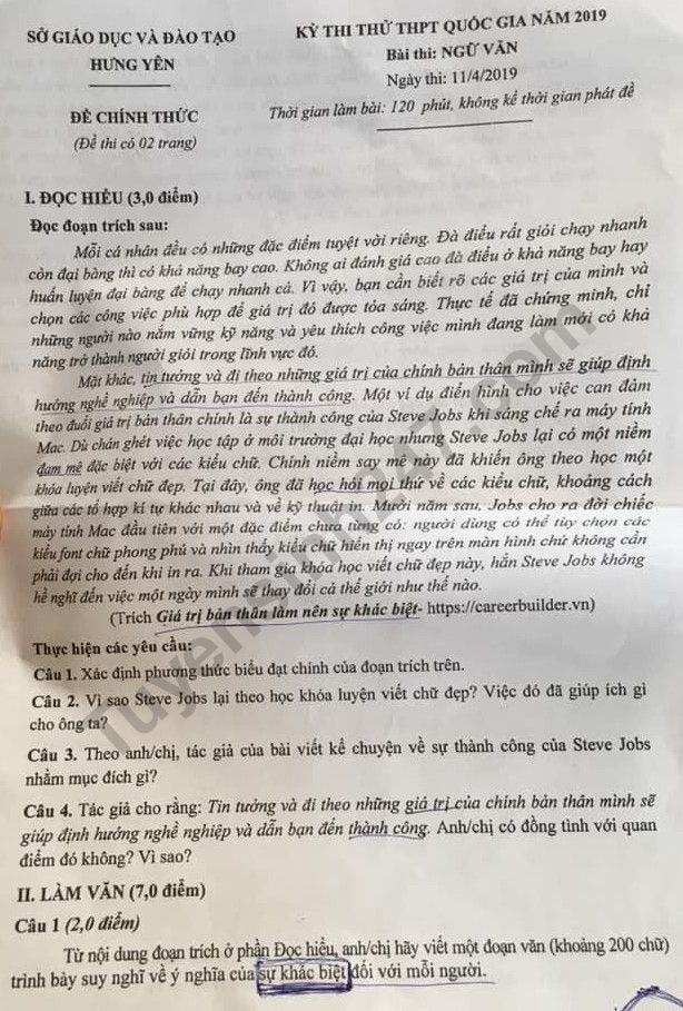 de thi thu thpt quoc gia 2019 mon van so gddt hung yen