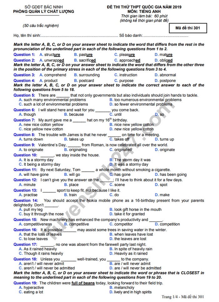 de thi thu thpt quoc gia 2019 mon tieng anh so gddt bac ninh
