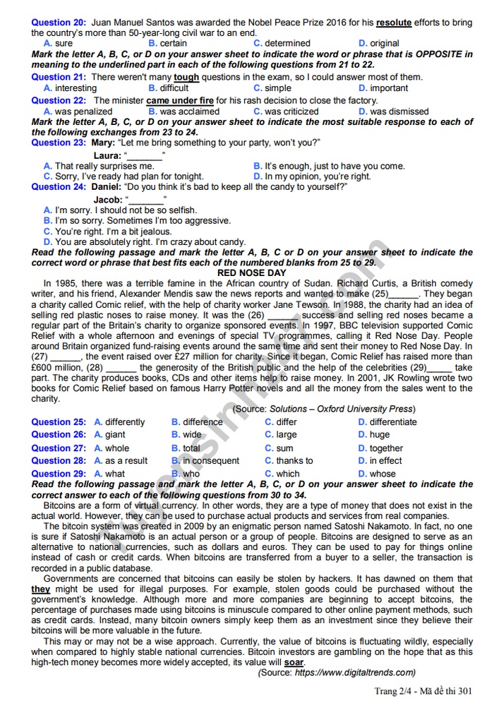 de thi thu thpt quoc gia 2019 mon tieng anh so gddt bac ninh