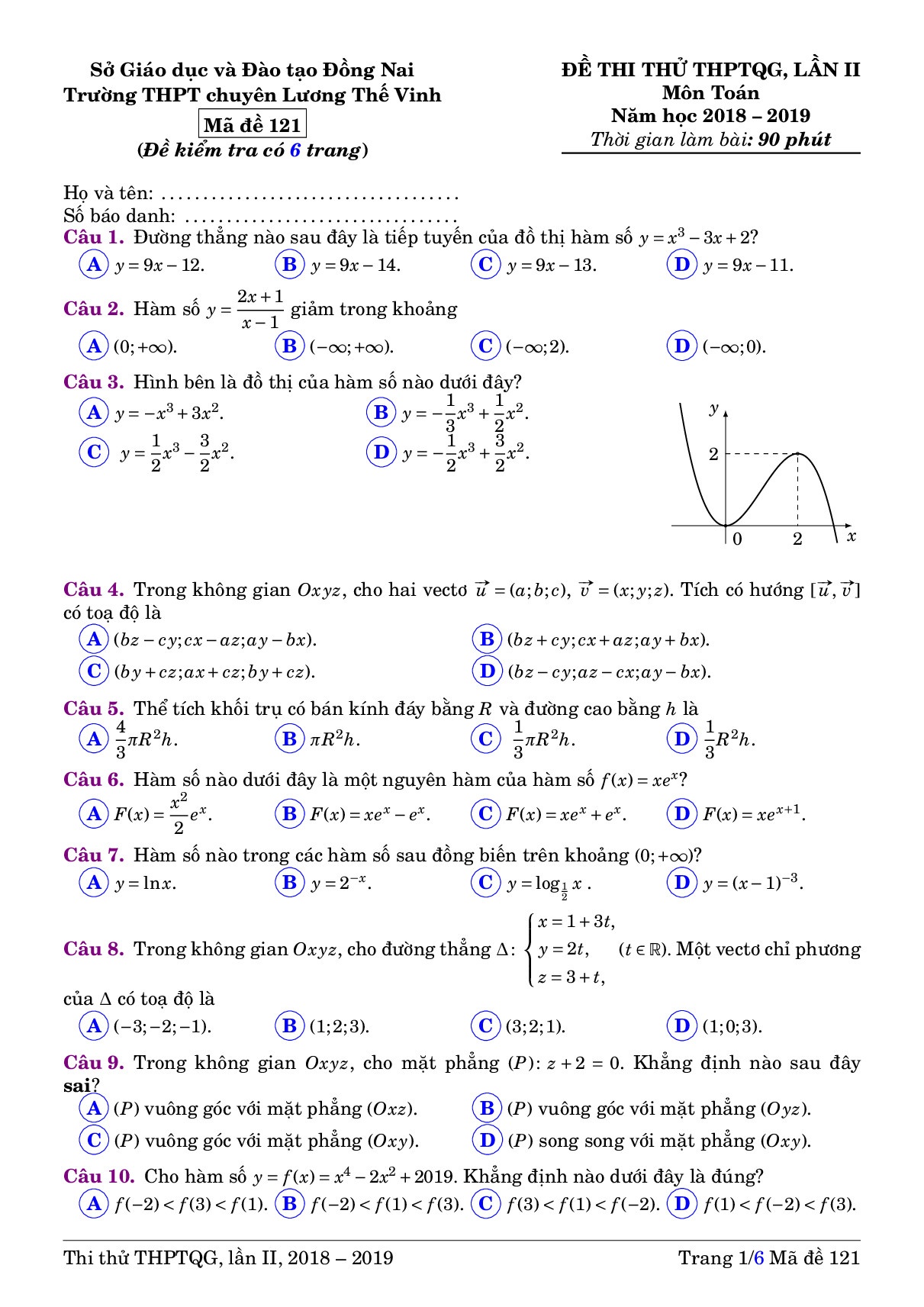 giai chi tiet de thi thu thpt quoc gia 2019 mon toan thpt chuyen luong the vinh