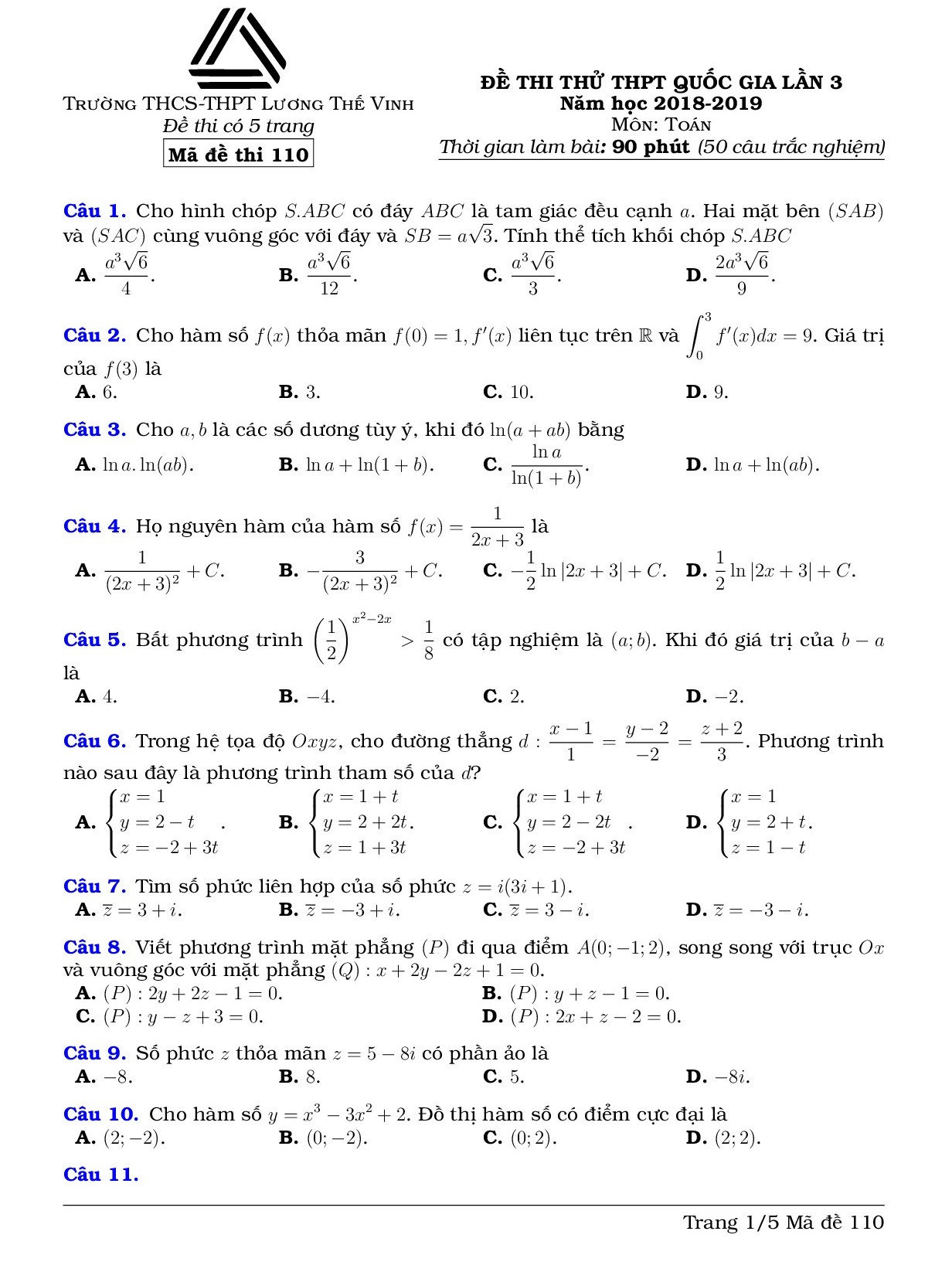 dap an de thi thu thpt quoc gia 2019 mon toan thpt luong the vinh ha noi