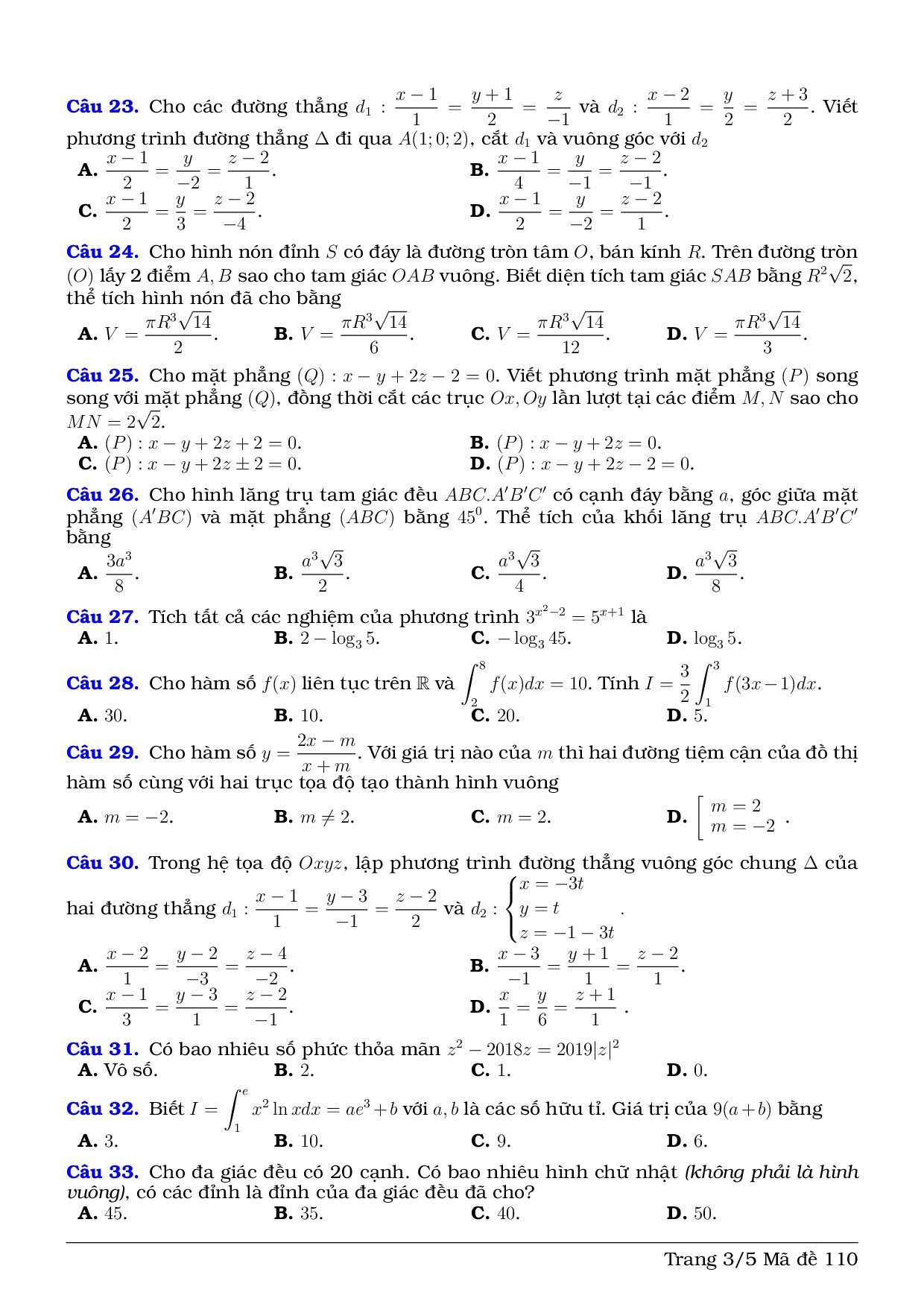 dap an de thi thu thpt quoc gia 2019 mon toan thpt luong the vinh ha noi