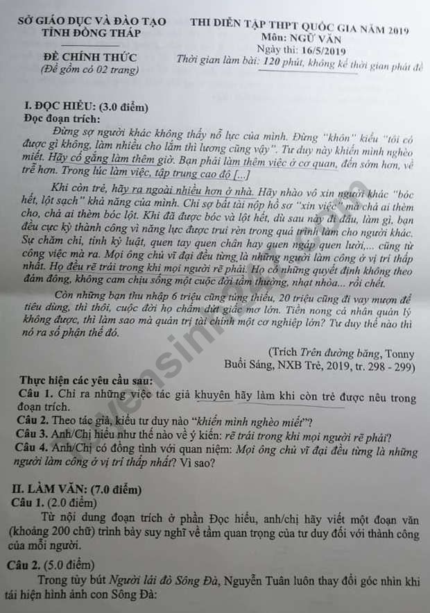 Đề thi thử THPT quốc gia 2019 môn Văn Sở GD&ĐT Đồng Tháp de thi thu thpt quoc gia 2019 mon van so gddt dong thap