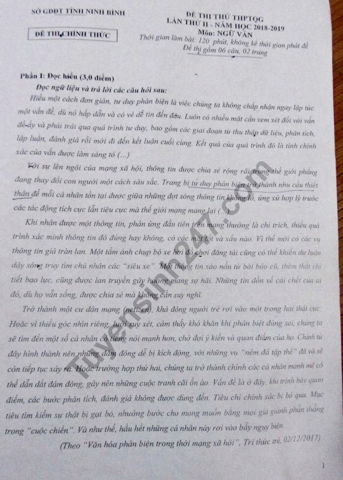 Đề thi thử THPT quốc gia 2019 môn Văn Sở GD&ĐT Ninh Bình de thi thu thpt quoc gia 2019 mon van so gddt ninh binh
