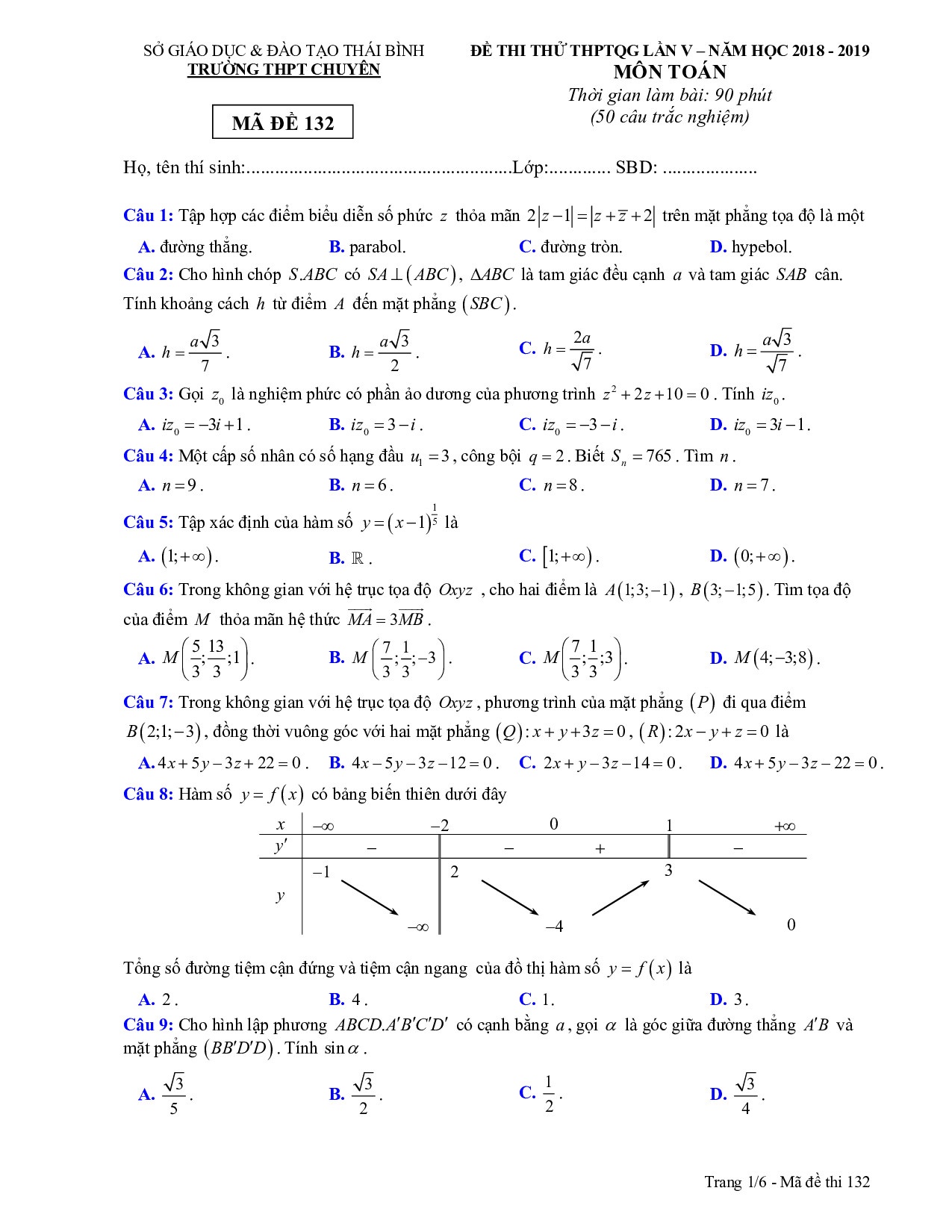Đề thi thử THPT quốc gia 2019 môn Toán lần 5 THPT chuyên Thái Bình de thi thu thpt quoc gia 2019 mon toan lan 5 thpt chuyen thai binh