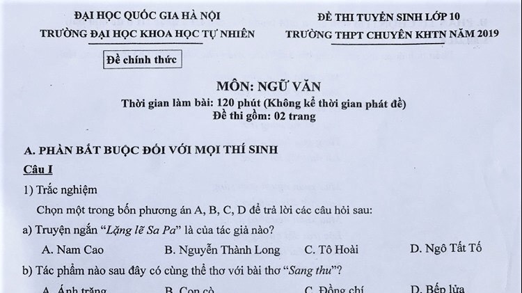 Đề thi vào lớp 10 môn Văn trường THPT chuyên Khoa học Tự nhiên