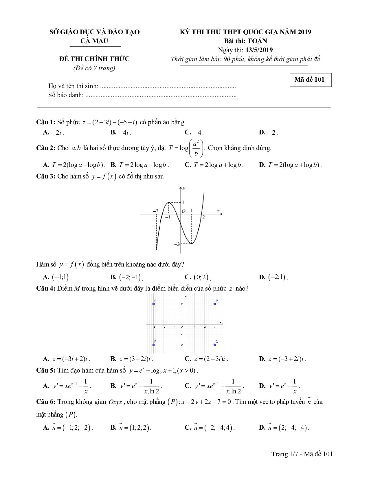 Đề thi thử THPT quốc gia 2019 môn Toán Sở GD&ĐT Cà Mau de thi thu thpt quoc gia 2019 mon toan so gddt ca mau