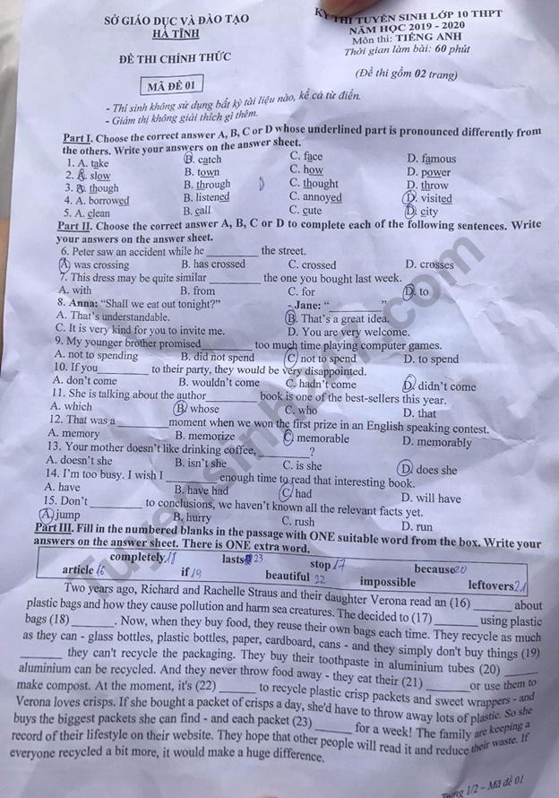 Đề thi vào lớp 10 môn Tiếng Anh Sở GD&ĐT Hà Tĩnh năm 2019 de thi vao lop 10 mon tieng anh so gddt ha tinh nam 2019