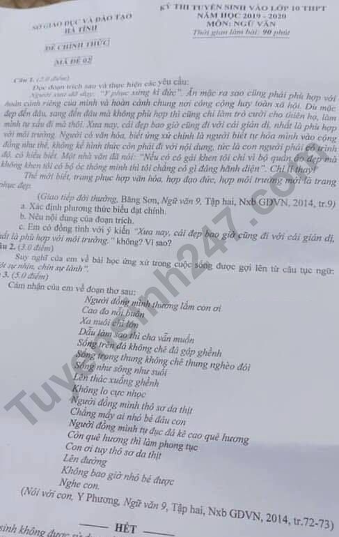 Gợi ý đáp án đề thi vào lớp 10 môn Văn Sở GD&ĐT Hà Tĩnh năm 2019 goi y dap an de thi vao lop 10 mon van so gddt ha tinh nam 2019