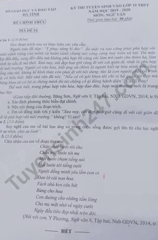 Gợi ý đáp án đề thi vào lớp 10 môn Văn Sở GD&ĐT Hà Tĩnh năm 2019 goi y dap an de thi vao lop 10 mon van so gddt ha tinh nam 2019