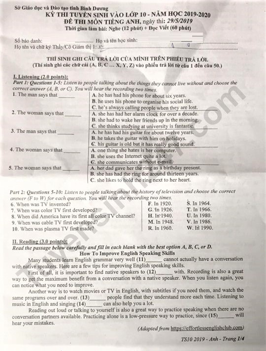 Gợi ý đáp án đề thi vào lớp 10 môn Tiếng Anh Sở GD&ĐT Bình Dương 2019 goi y dap an de thi vao lop 10 mon tieng anh so gddt binh duong 2019