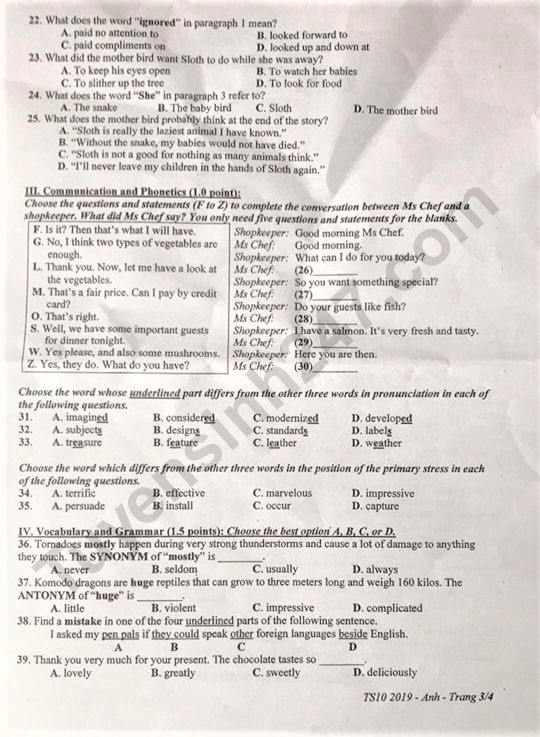 Gợi ý đáp án đề thi vào lớp 10 môn Tiếng Anh Sở GD&ĐT Bình Dương 2019 goi y dap an de thi vao lop 10 mon tieng anh so gddt binh duong 2019