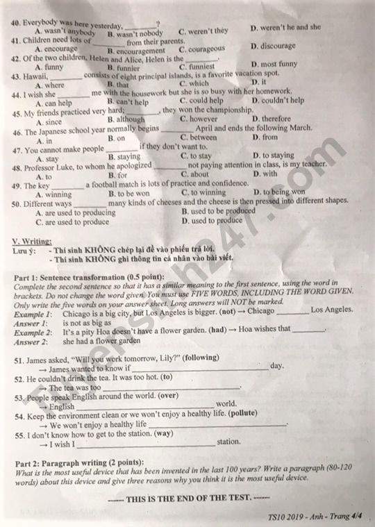 Gợi ý đáp án đề thi vào lớp 10 môn Tiếng Anh Sở GD&ĐT Bình Dương 2019 goi y dap an de thi vao lop 10 mon tieng anh so gddt binh duong 2019