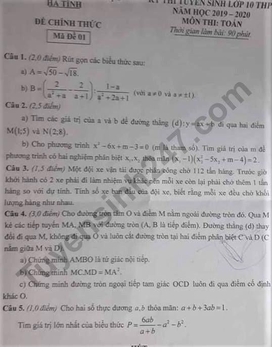Gợi ý đáp án đề thi vào lớp 10 môn Toán Sở GD&ĐT Hà Tĩnh năm 2019 goi y dap an de thi vao lop 10 mon toan so gddt ha tinh nam 2019