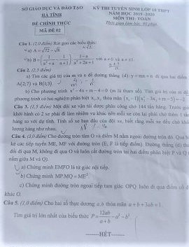 Gợi ý đáp án đề thi vào lớp 10 môn Toán Sở GD&ĐT Hà Tĩnh năm 2019 goi y dap an de thi vao lop 10 mon toan so gddt ha tinh nam 2019