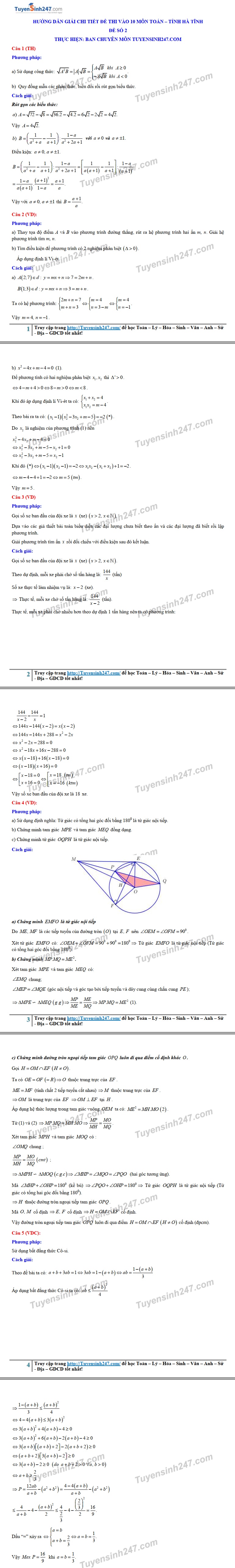 Gợi ý đáp án đề thi vào lớp 10 môn Toán Sở GD&ĐT Hà Tĩnh năm 2019 goi y dap an de thi vao lop 10 mon toan so gddt ha tinh nam 2019