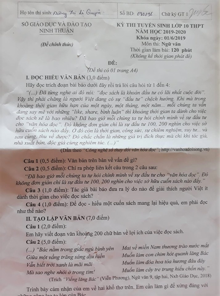 de thi vao lop 10 mon van so gddt ninh thuan 2019