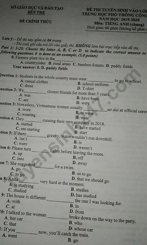 Gợi ý đáp án đề thi vào lớp 10 môn Tiếng Anh Sở GD&ĐT Bến Tre 2019 goi y dap an de thi vao lop 10 mon tieng anh so gddt ben tre 2019